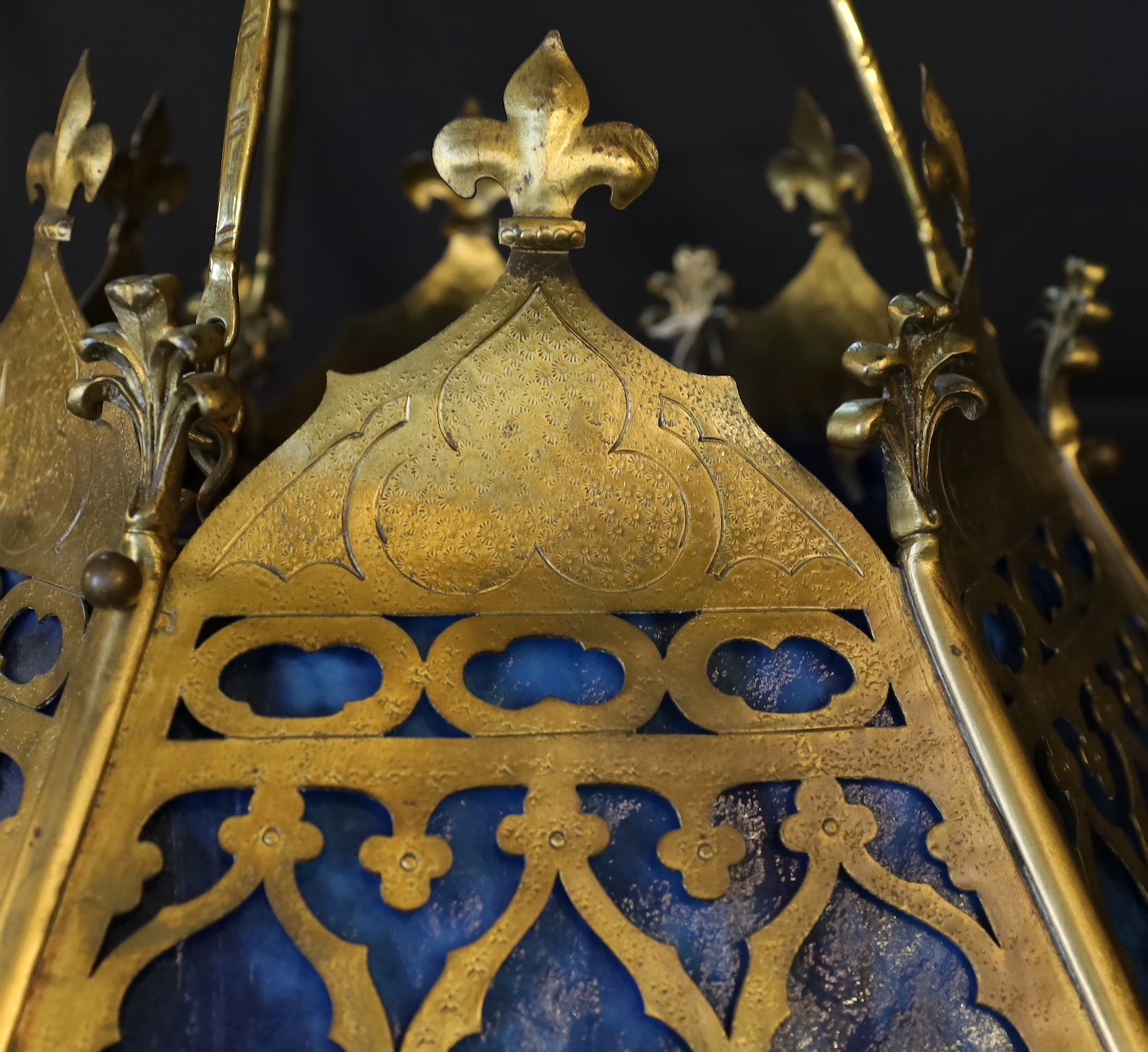 A 19th century Scottish Gothic hexagonal brass and marbled glass light fitting, drop 70cm. width 63cm